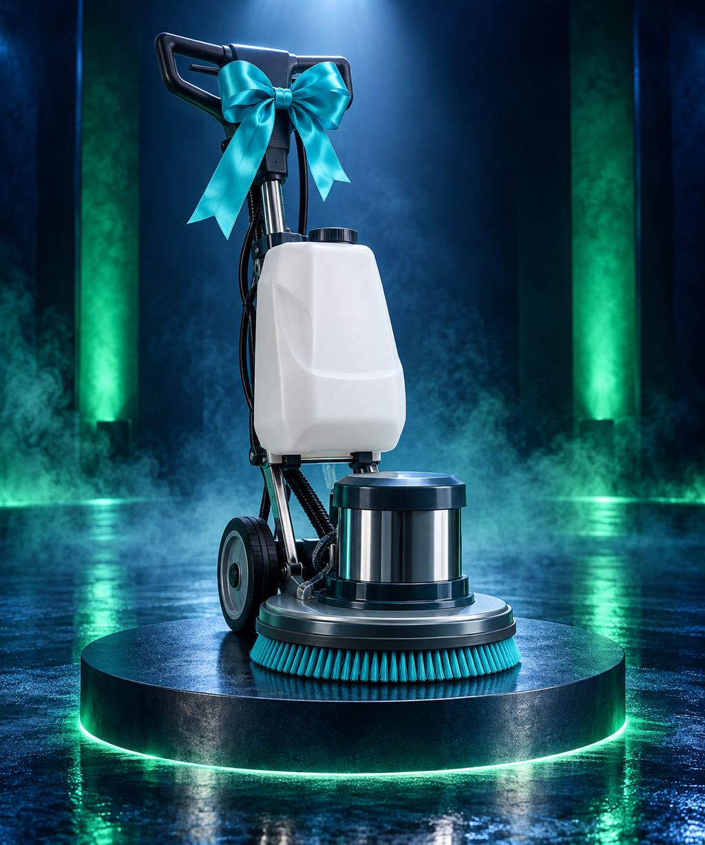 Роторная машина для чистки ковров с бирюзовым бантом на подиуме, в дыму и зелёной подсветке